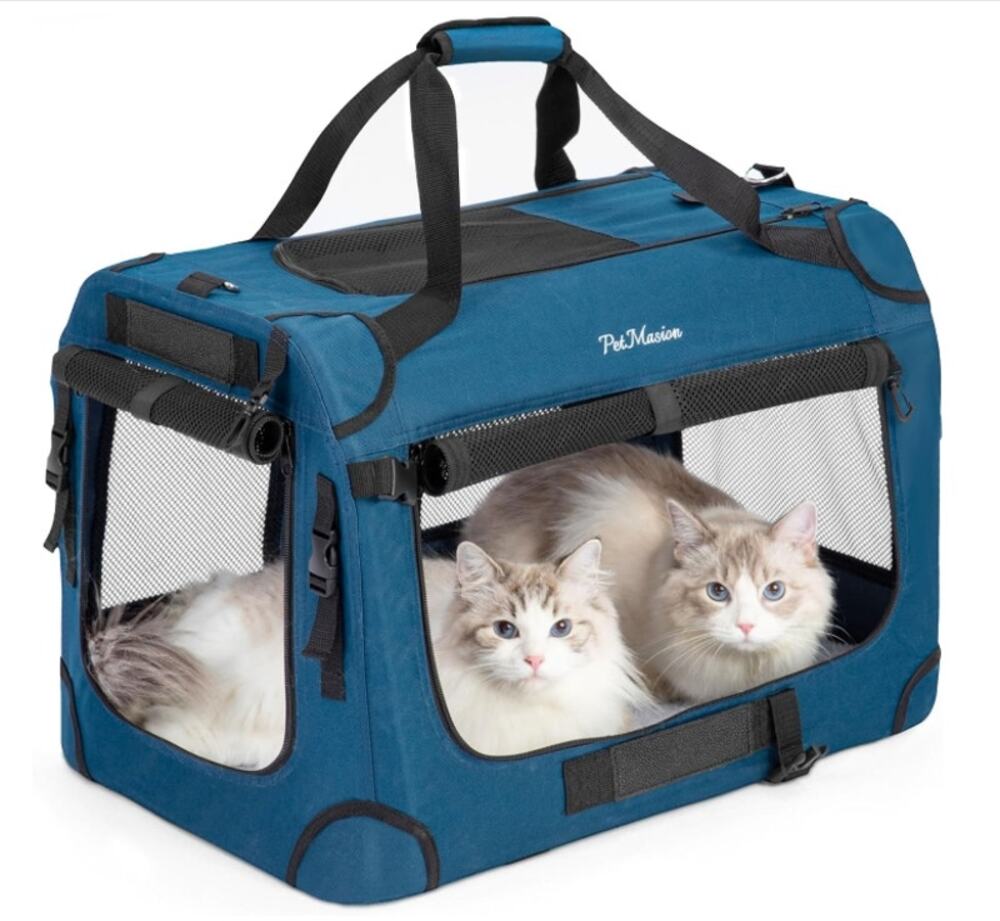XL Cat Carrier for 2 Cats Collapsible Soft Sided Pet Travel Crate 24" Blue